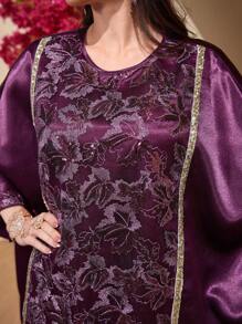 Al Najma 女士亮片葉子刺繡網帶拼接蝙蝠袖連衣裙 - 紫色 - 查看 8