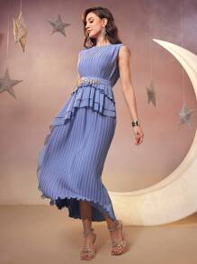 Modelyn 女士圆领无袖连衣裙，带荷叶边下摆和褶皱细节，优雅晚会礼服长款晚礼服 - 藍色 - 查看 2