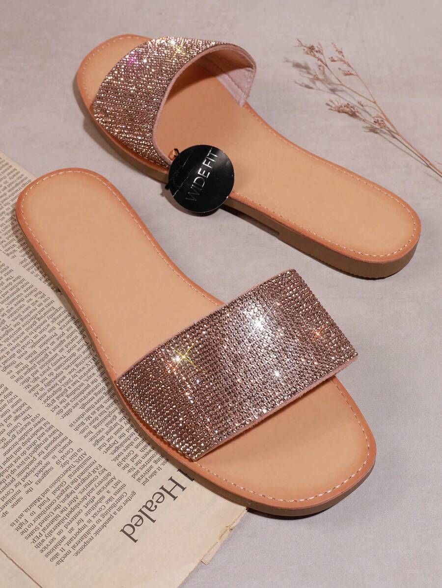SHUZIA Rhinestone Detail Open Toe Flat Sandals - Metallic Rose Gold - View 1