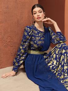 Al Najma Quý cô Xếp li Ả Rập Phong cách Đầm Với Gold Foil In Hoa - Màu xanh lam - Xem 4