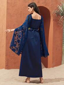 Al Najma 女士披肩袖連身裙,編織肩帶和剪花拼接設計 - 藍色 - 查看 2