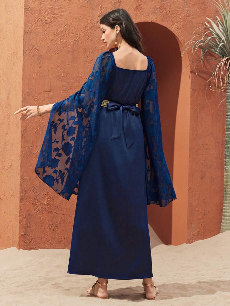 Women's Cloak Sleeve Dress With Woven Straps And Cut Flowers Patchwork Kaftan Jalabiya Dress