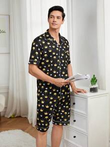 Men's Crown Pattern Short Sleeve Homewear Set - Black - View 6