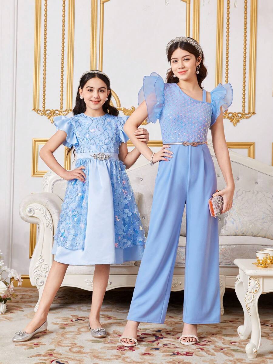 SHEIN 少女花卉珠繡分層荷葉舞袖斜肩連身褲 - 藍色 - 查看 1