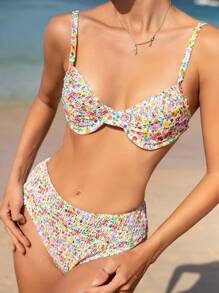 Swim Mod Summer Beach Ditsy Floral Ruffled Bikini Set - Multicolor - View 8