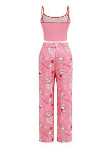HELLO KITTY AND FRIENDS | SHEIN Conjunto de pijama de Camiseta con Estampado de Melodía Rosada de Dibujos Animados y Letras y Pantalones, Lindo Conjunto de Pijama - Rosa - Ver 9