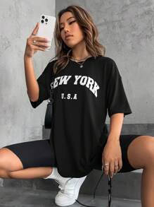 StreetHx 简约英伦印花休闲街头风格 T 恤图案 T 恤女式上衣 - 黑色 - 查看 6