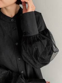 FRIFUL 女式波尔卡圆点网眼撞色灯笼袖衬衫长袖上衣 - 黑色 - 查看 7