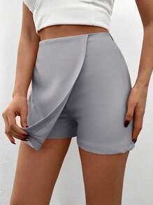 EURMUSE 100%Cotton Solid Color Asymmetrical Hem Skort - Grey - View 5