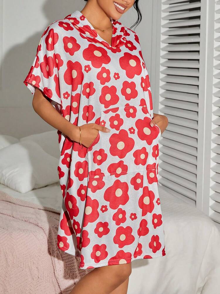 Women's Full Printed Floral Hooded Cover Up Summer