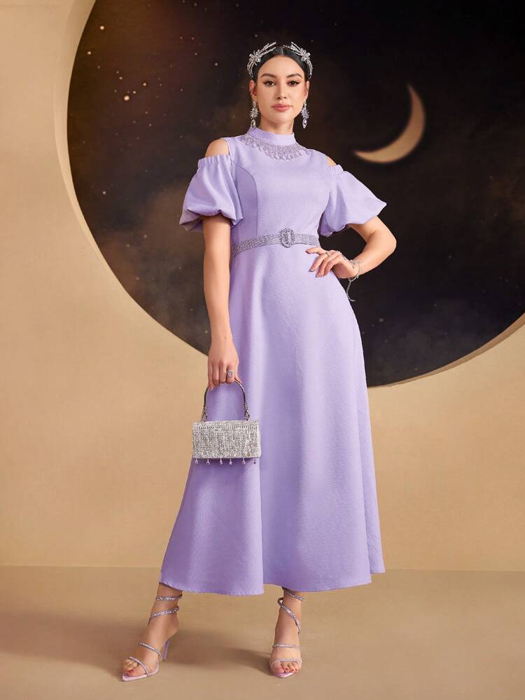 Women's Off Shoulder Puff Sleeve Dress With Rhinestone Decorative Stand Collar Long Evening Dresses