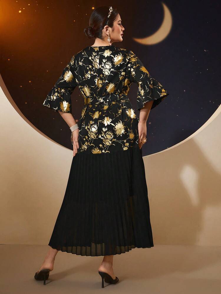 Plus Size Pleated Spliced Dress With Gold Foil Print Long Evening Dresses