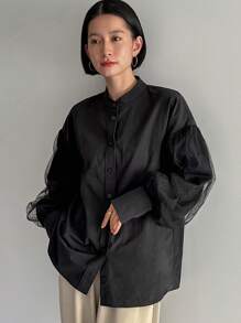 FRIFUL 女式波尔卡圆点网眼撞色灯笼袖衬衫长袖上衣 - 黑色 - 查看 3