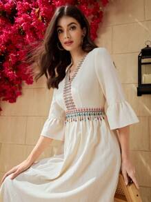 Al Najma Women's Belted Dress With Spliced Strap Design & Pendant Embellishment - Apricot - View 4