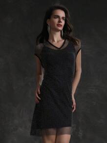 Zolique 網紗和鑽石裝飾優雅連衣裙 - 黑色 - 查看 3