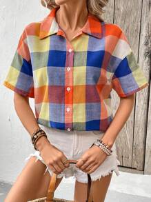 SHEIN LUNE Của phụ nữ Kẻ sọc Thả vai Áo sơ mi - Nhiều màu - Xem 1