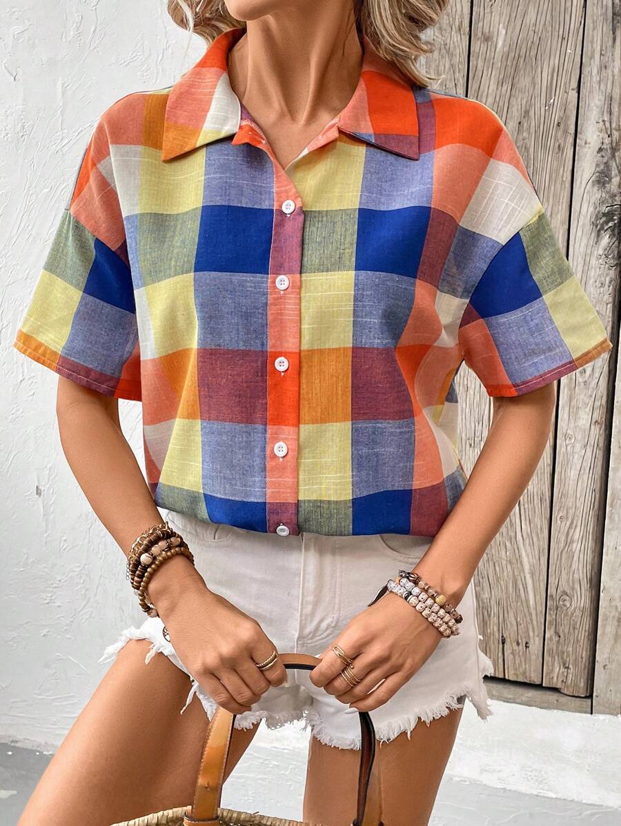 SHEIN LUNE Của phụ nữ Kẻ sọc Thả vai Áo sơ mi - Nhiều màu - Xem 1