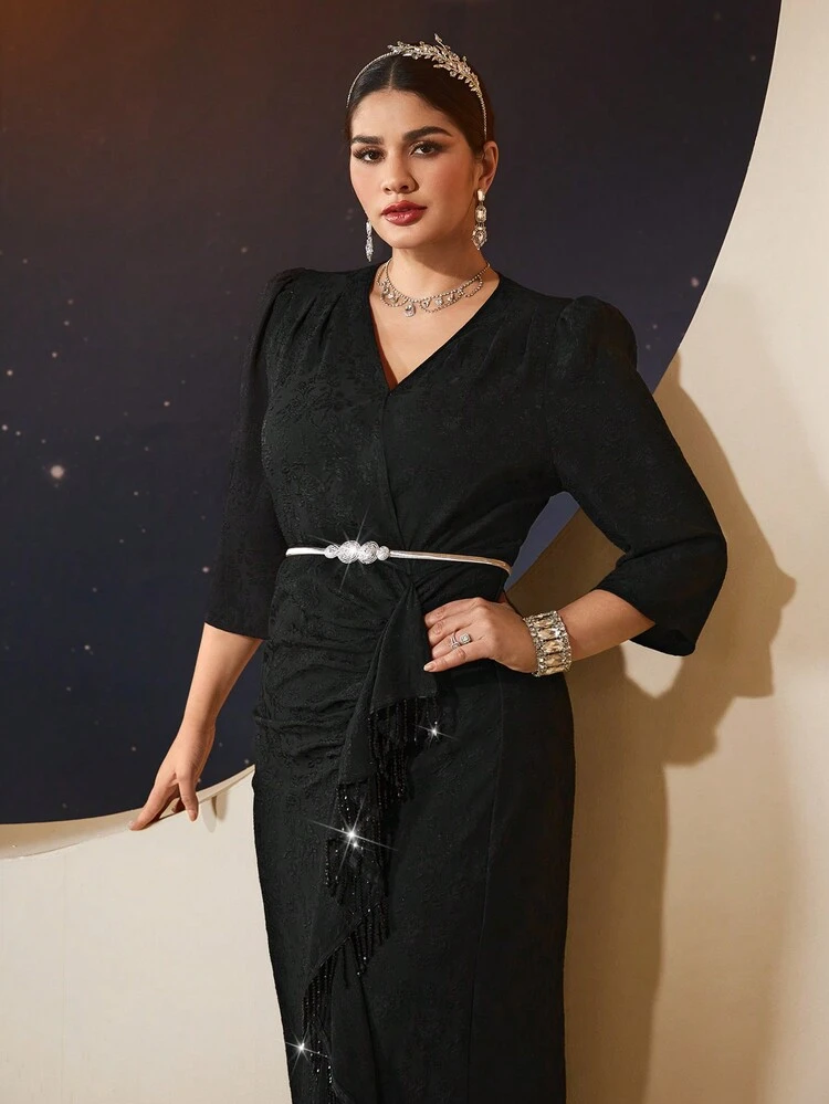 Plus Size Women's Wrap Style Puff Sleeve Dress Long Evening Dresses