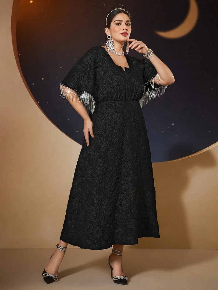Plus Size Tassel Decorated Jacquard Batwing Sleeve Dress,Elegant Evening Party Dress Long Evening Dresses
