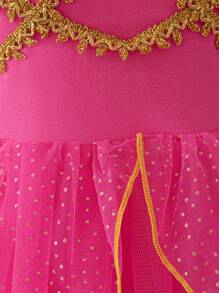 SHEIN Glamorique Kids Mother's Day Gift Mommy And Me Outfits Jasmine Princess Dress Rose Red Birthday Party Wedding Festival Dress Girls Bubble Sleeve Dress Gemstone Stage Middle East Summer Beach Playful Tropical Seaside Four Seasons - Hot Pink - View 5