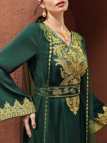 Al Najma Của phụ nữ Chi tiết thêu Tay áo chuông Váy Ả Rập - Màu xanh lá cây đậm - Xem 3