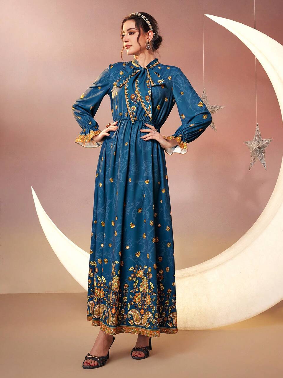 Women's Printed Belted Dress Long Evening Dresses