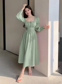 DAZY 女士方領褶皺荷葉袖裙 - 綠色 - 查看 2