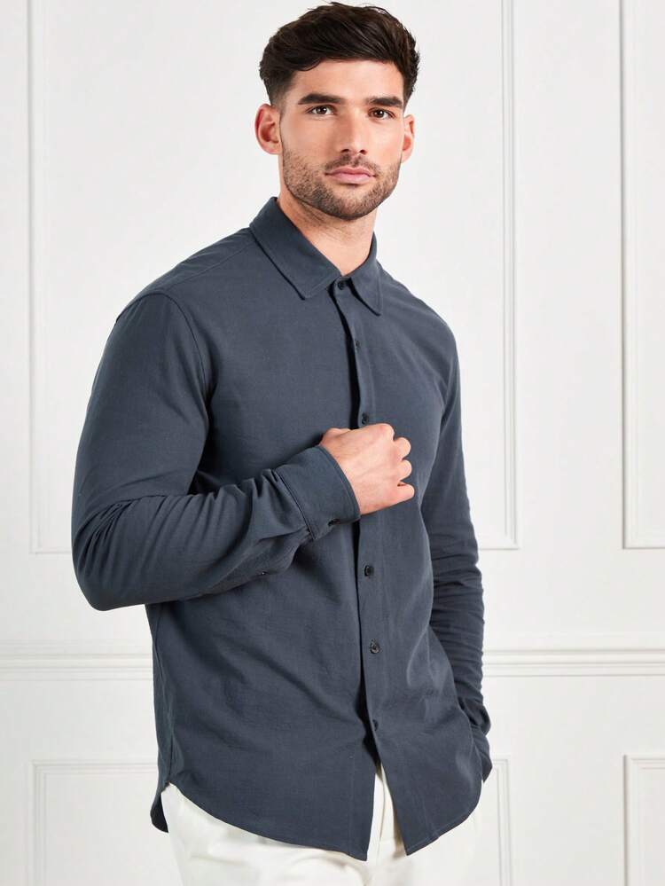 Men's Fitted Navy Long Sleeve Casual Shirt