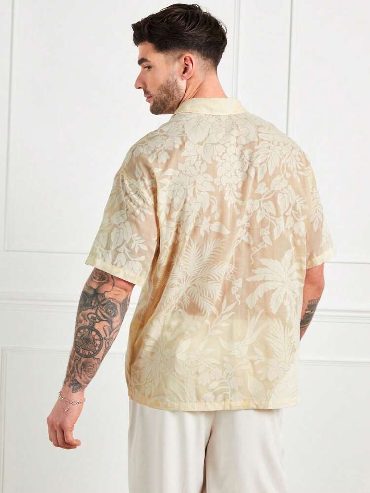 Men's Khaki Casual Floral Henley Collar Short-Sleeved T-Shirt