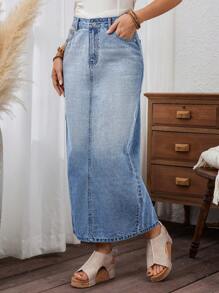 SHEIN X SAMADHI SHEIN LUNE Women's Zipper High Waist Long Denim Skirt With Pockets