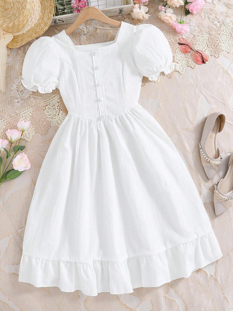 SHEIN 1pc White Puff Sleeves Cinching Waist Dress For Tween Girls - White - View 1