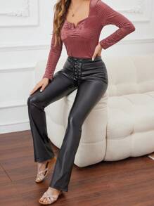 SHEIN LUNE Women's Fashionable Solid Color Cross Tie Slim Flared Pants - Black - View 5