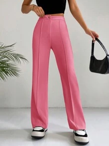 SHEIN EZwear 單色休閒寬褲,適用於日常、上班或上下班通勤 - 玫紅色 - 查看 1