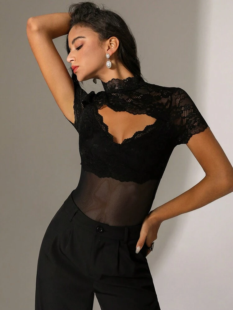 Women's Sheer Mesh Contrast Hollow Out Bodycon Bodysuit