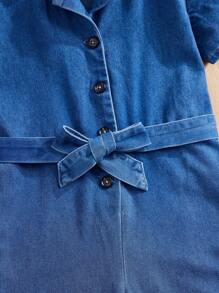 SHEIN Tween Girls' Casual Denim Short Sleeve Shirt Jumpsuit
