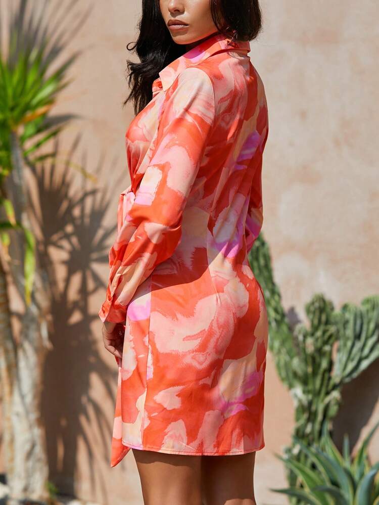 Women's Tie Dye Front Knot Long Sleeve Shirt Dress, For Vacation,Women Dresses