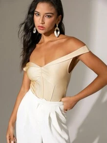 Anewsta Ladies Solid Color Off Shoulder Bodysuit - Champagne - View 1