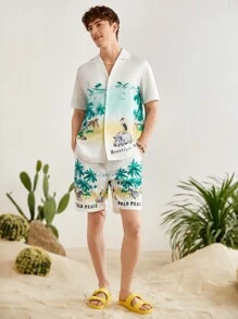 Manfinity VCAY Men's Coconut Tree Print Shirt And Drawstring Waist Shorts - Multicolor - View 5