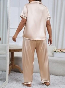 LuxeNights Plus Size Imitation Silk Heart Embroidery Top & Pants Pajama Set