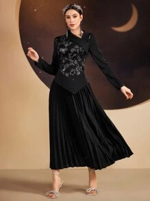 Modelyn 女士闪光刺绣不对称上衣和百褶裙套装，优雅晚会礼服两件套 - 黑色 - 查看 6