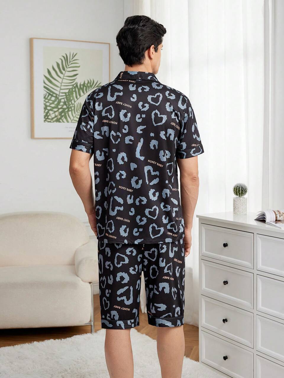 Men's Heart Print Short Sleeve Homewear Set