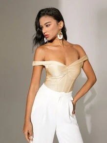 Anewsta Ladies Solid Color Off Shoulder Bodysuit - Champagne - View 5