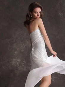 Anewsta Women's Strapless Sequin Patchwork Slit Dress - White - View 5