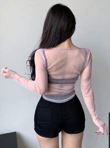 DAZY 女士透視網眼修身短款上衣 - 紫色 - 查看 5