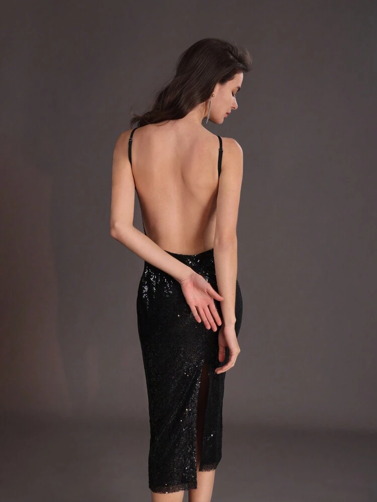 Glitter Hollow Out Cross Halter Backless Dress