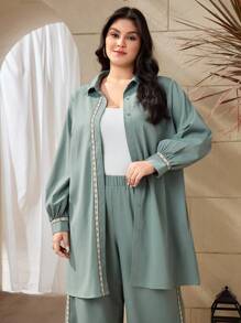 Mulvari 大码女式拼布编织腰带长袖衬衫和裤子两件套 - 綠色 - 查看 3