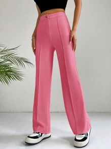 SHEIN EZwear 單色休閒寬褲,適用於日常、上班或上下班通勤 - 玫紅色 - 查看 3