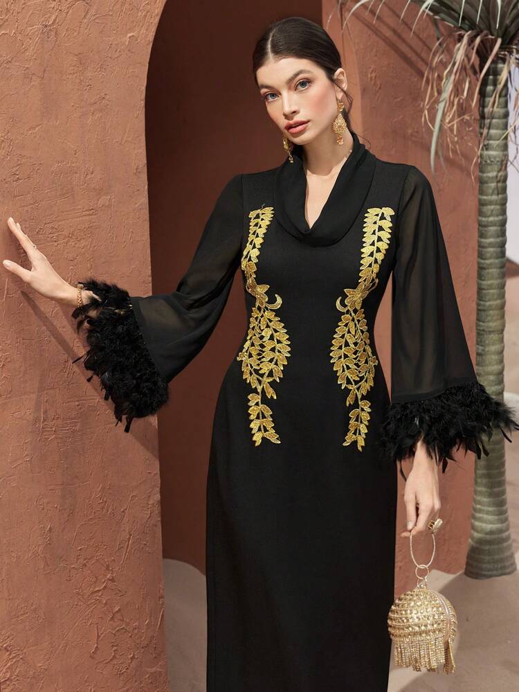Women's Embroidery And Applique Spliced Flare Sleeve Dress Long Evening Dresses