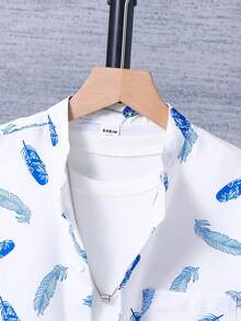 Set Di Maglietta Con Stampa Di Piume E Shorts A Tinta Unita Per Ragazzi Adolescenti - Blu reale - Visualizzare 5