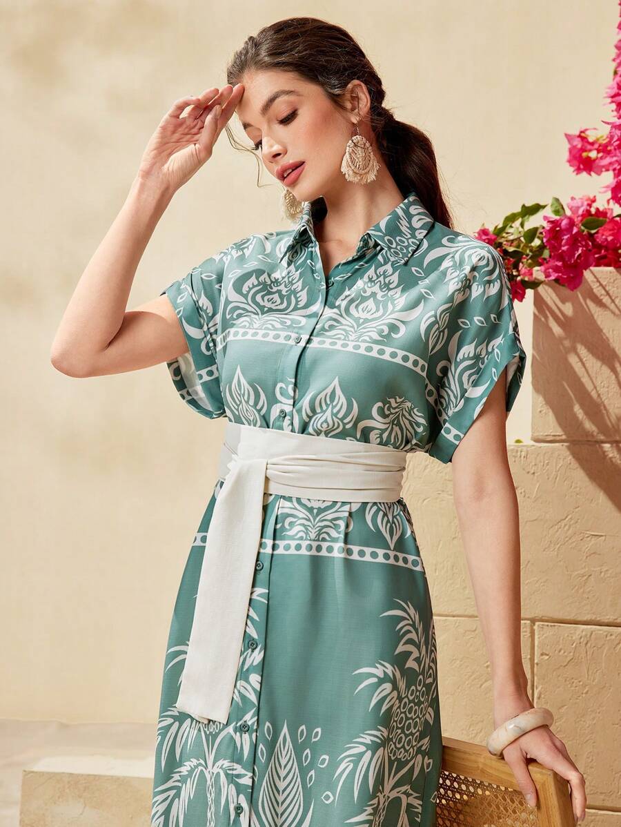Seusyu Women's Polka Dot Pattern Printed Batwing Short Sleeve Shirt Dress - Mint Green - View 1